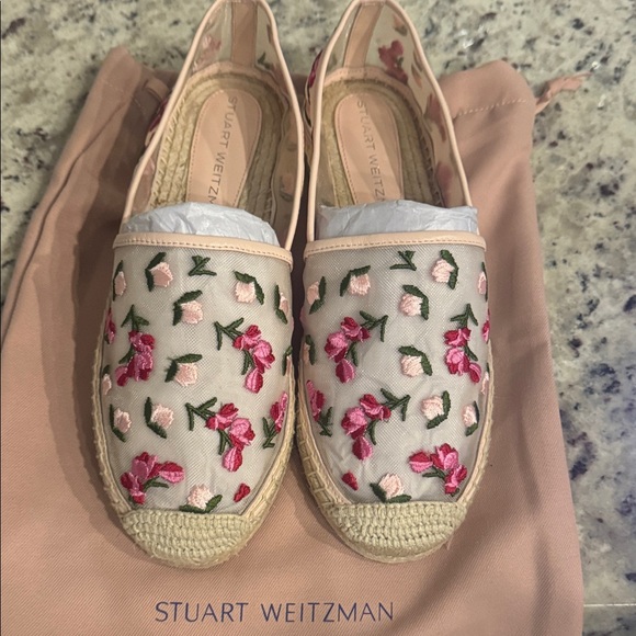 Stuart Weitzman Floral Embroidered Espadrilles - Pink and Cream